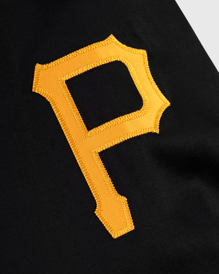 The EFF Pittsburgh Pirates 1960 Satin Windbreaker Jacket features a yellow stitched P on black fabric, evoking vintage MLB style and celebrating the iconic baseball team.