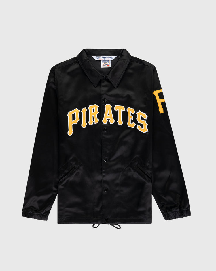 The EFF Pittsburgh Pirates 1960 Satin Windbreaker Jacket features “PIRATES” in bold yellow and white on the front, a large yellow P on the left sleeve, snap buttons, elastic cuffs, and a classic collar for iconic vintage MLB style.