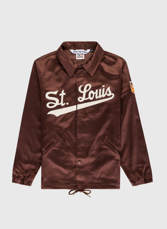 The EFF St. Louis Browns 1952 Satin Windbreaker Jacket features St. Louis in cream script, a left sleeve patch, collar, snap buttons, and side pockets—delivering classic MLB vintage style.