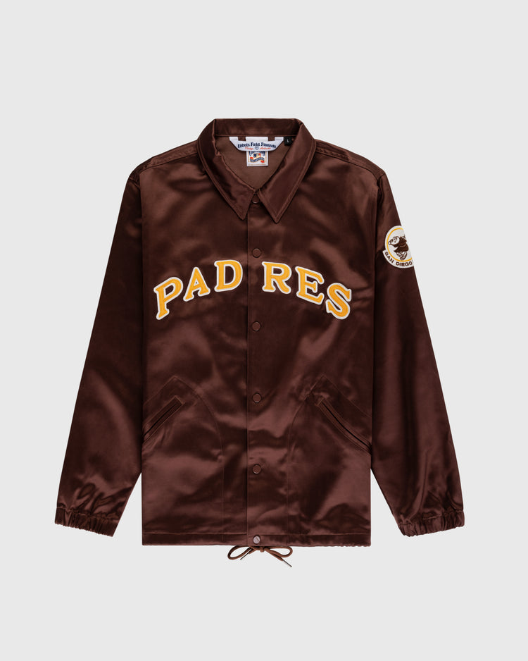 The EFF San Diego Padres 1969 Satin Windbreaker Jacket is a brown authentic MLB style with PADRES in yellow and white, side pockets, elastic cuffs, a collar, snap buttons, and a left-sleeve patch—perfect for vintage baseball fans.