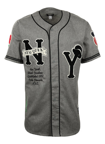 The EFF New York Black Yankees Vintage Inspired Replica Wool Jersey is a gray button-up with black trim, NY and New York Yankees embroidery, sleeve patches, and honors the Negro National League team established in 1931.