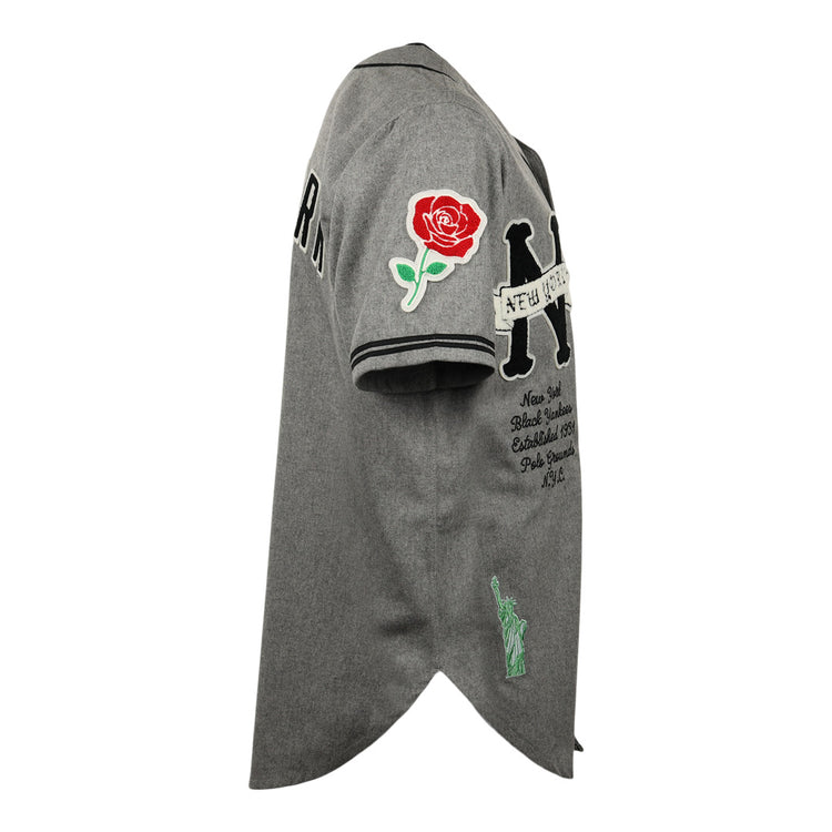 The EFF New York Black Yankees Vintage Inspired Replica Wool Jersey features gray short sleeves, black N and Y letters, a red rose sleeve patch, black script text, and a green Statue of Liberty patch honoring baseball history.