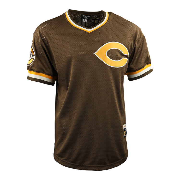 The Cordoba Cafeteros EFF DNA Replica V-Neck Mesh Jersey by EFF features brown short sleeves, yellow and white trim, the large yellow C logo in front, a Cafeteros’ C patch on the left sleeve, and mesh fabric inspired by Mexico’s baseball heritage.
