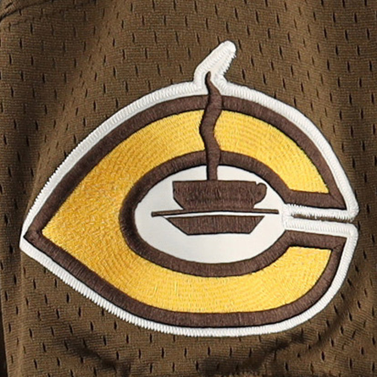 The Cordoba Cafeteros EFF DNA Replica V-Neck Mesh Jersey by EFF features a brown and gold embroidered Cafeteros C logo with a white coffee cup and steam, set on brown mesh—honoring Mexican pro baseball heritage.