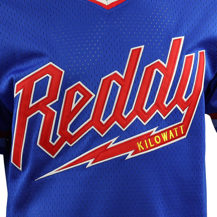 The EFF Reddy Kilowatt EFF DNA Replica V-Neck Mesh Jersey is a blue sports jersey with Reddy Kilowatt in bold red and white script and Kilowatt in yellow on a red lightning bolt—ideal for electric power fans.