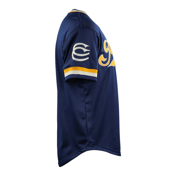 The Cerveceria Polar EFF DNA Replica V-Neck Mesh Jersey by EFF is a navy baseball jersey with yellow and white sleeve trim, a white emblem, and yellow-white script on the chest—capturing classic Cuban League style.