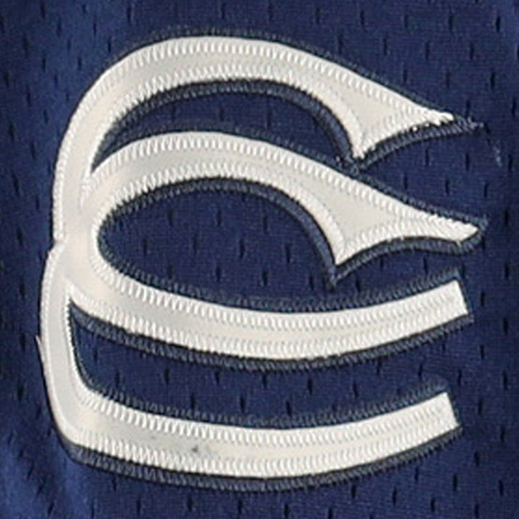 The Cerveceria Polar EFF DNA Replica V-Neck Mesh Jersey by EFF features a white, stylized “E” logo with three curved lines embroidered on dark blue mesh, inspired by classic Cuban League amateur baseball uniforms.