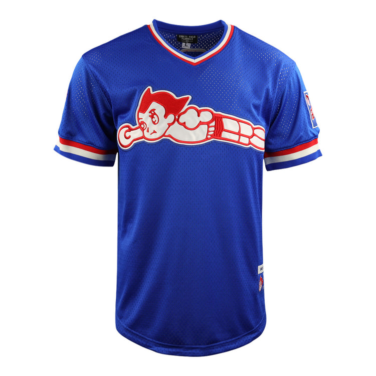 The EFF Sankei Atoms DNA Replica V-Neck Mesh Jersey is a blue Japanese Central League-inspired baseball jersey with a cartoon character on the chest, red and white sleeve and collar accents, and a patch logo on the left sleeve.