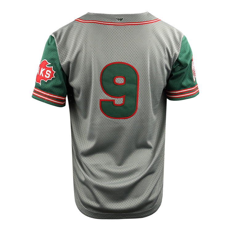 The EFF Oakland Oaks DNA Replica Button-Up Mesh Jersey features gray fabric, green sleeves, red accents, a large red and green number 9 on the back, and a red maple leaf âKSâ patch on the left sleeve honoring Puerto Rican baseball greats.