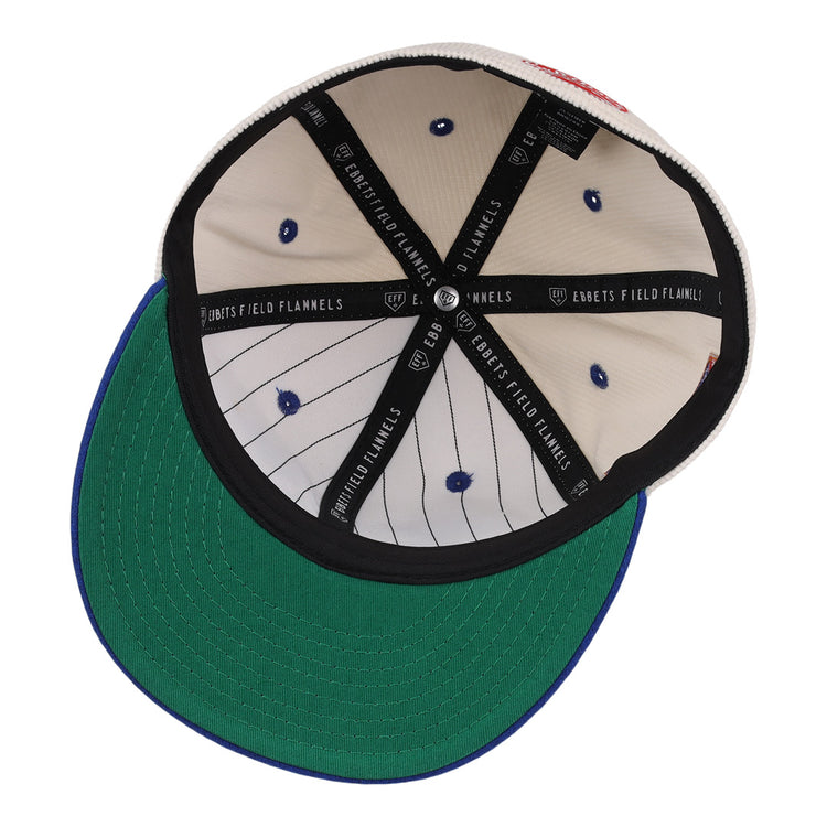 The image shows the inside of an EFF Santurce Cangrejeros NLB Ground Rule Double Fitted Ballcap, featuring pinstripe lining, blue stitching, blue rivets, a green underbrim, black EBBETS FIELD FLANNELS taping, and a vintage-inspired design.