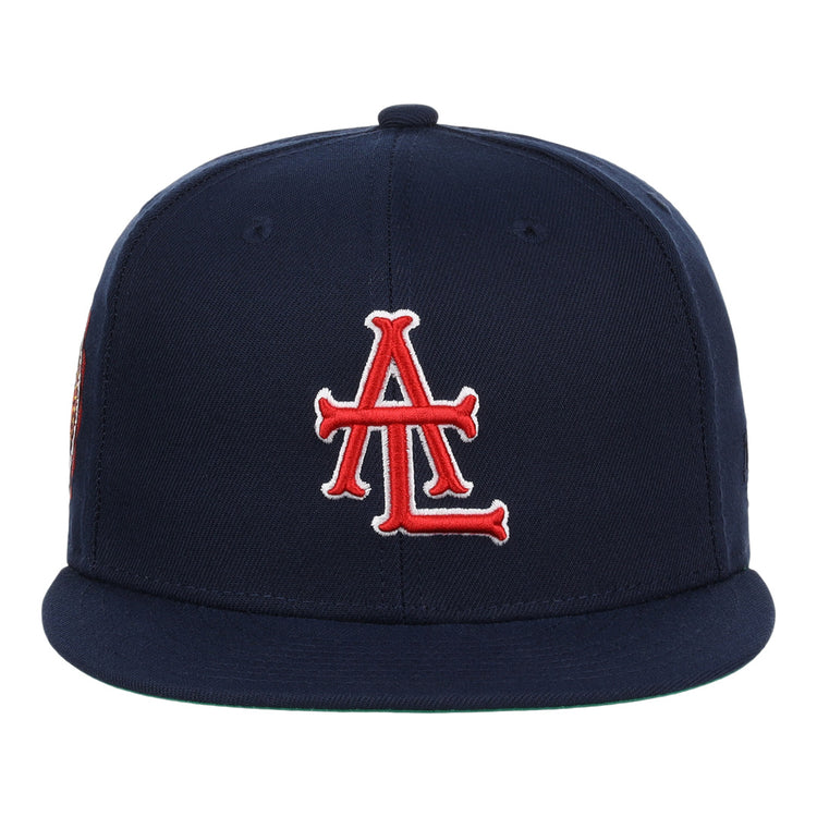 The EFF Atlanta Black Crackers NLB Team Color Fitted Ballcap is a vintage-inspired navy hat with a red and white interlocking A and L logo embroidered on the front and a flat brim, featuring no visible branding besides the striking front logo.