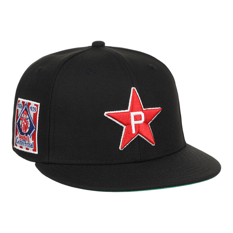 The EFF Philadelphia Stars NLB Team Color Fitted Ballcap features a black design with an embroidered white P Star logo and a colorful 1939 Baseball Centennial patch honoring the Negro National League.