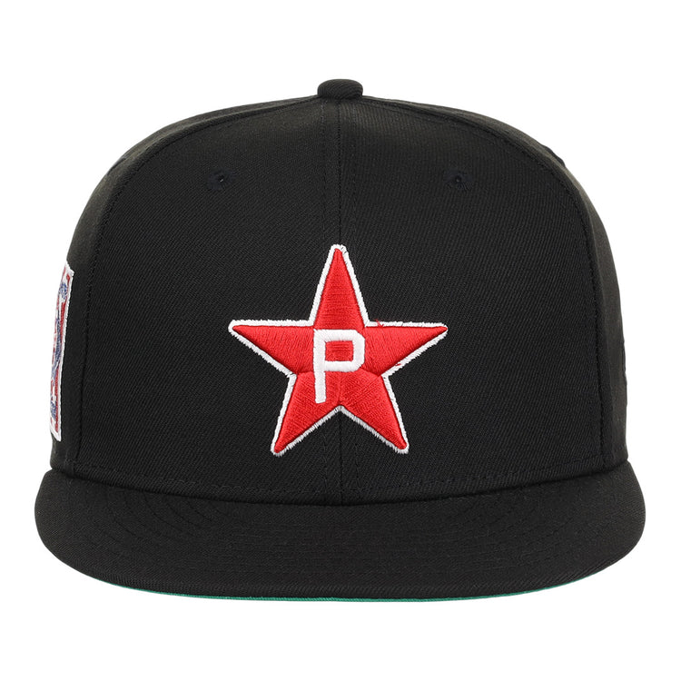 The EFF Philadelphia Stars NLB Team Color Fitted Ballcap features a black design with an embroidered white P star logo, inspired by vintage Negro National League style and celebrating the teams historic legacy.