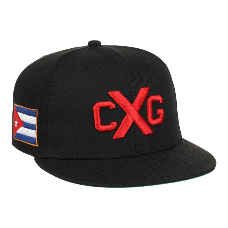 The EFF Cuban X Giants NLB Team Color Fitted Ballcap is black with bold red 3D CXG embroidery on the front and a Cuban flag patch on the left side.