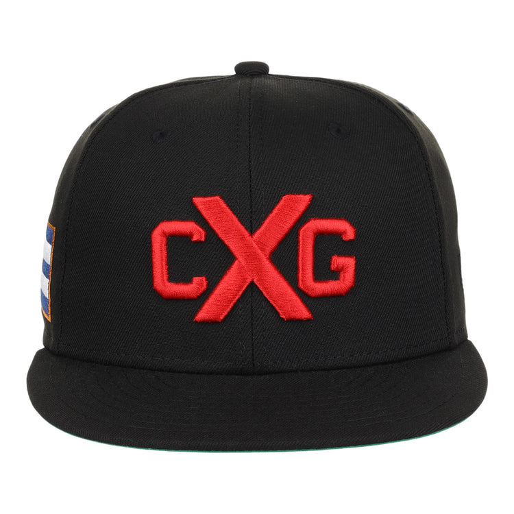 The EFF Cuban X Giants NLB Team Color Fitted Ballcap is a black cap with a flat brim, featuring a bold 3D CXG logo with the X crossing the letters and a small left side patch, inspired by vintage team styles.