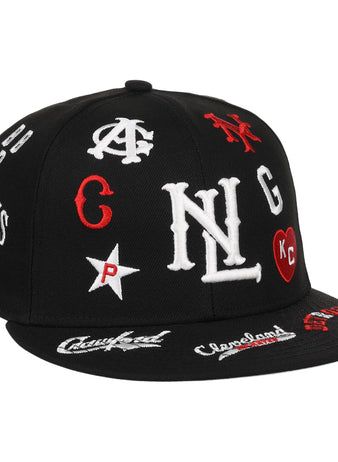 The EFF Negro League Baseball NLB Team Color Fitted Ballcap is vintage-inspired in black, with white, red, and blue embroidered team logos—like N, G, C—and various symbols on the cap and brim. Part of the Negro Leagues Baseball Collection.