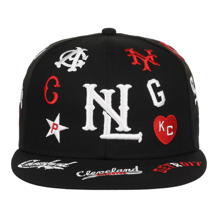 The EFF Negro League Baseball NLB Team Color Fitted Ballcap is a vintage-inspired black cap with embroidered team logos and city initials in white and red, featuring a bold NL at the center of the crown.
