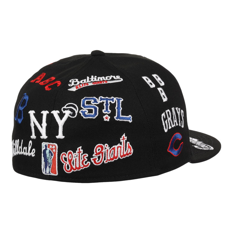 The EFF Negro League Baseball NLB Team Color Fitted Ballcap features vintage-inspired design with colorful embroidered logos and names from teams like NY, STL, Elite Giants, Grays, Baltimore, and more.