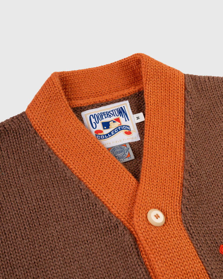 A close-up of the EFF St. Louis Browns 1909 Wool Cardigan Sweater, inspired by the classic style once worn by Rube Waddell.