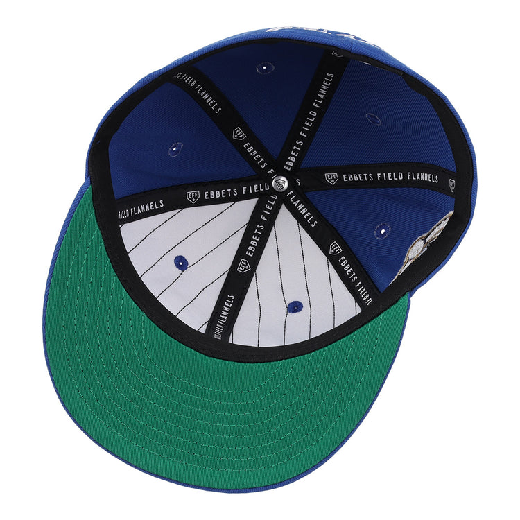 The Jackie Robinson EFF Signature Series Fitted Ballcap - Royal features a green underbrim, white interior panels with black stripes, and black EFF-branded bands—capturing the classic style of vintage Jackie Robinson ballcaps.