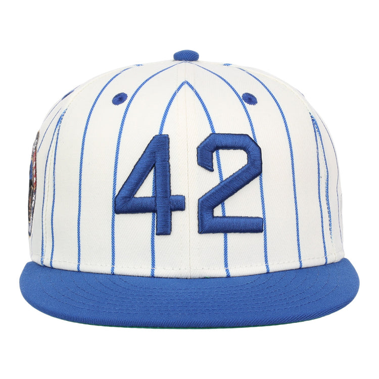 The EFF Jackie Robinson Signature Series Fitted Ballcap features blue vertical pinstripes, a blue bill, and 3D embroidered number 42 on white, honoring the iconic legend.
