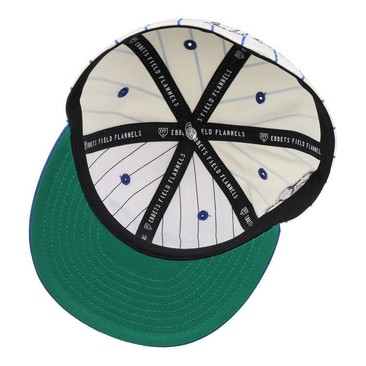 The Jackie Robinson EFF Signature Series Fitted Ballcap - Pinstripe by EFF features a white pinstripe interior, stitched blue eyelets, black EFF-branded bands, and a green underbrim—true to classic Robinson style.