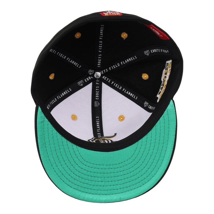 The Beeville Blazers EFF Lone Star Fitted Ballcap features a black crown with gold rivets, white branding, and a bright green underbrim. Inside, the sweatband has Ebbets Field Flannels and Lone Star League embroidered logos.