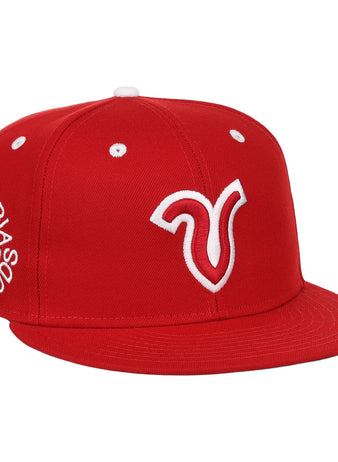 The Victoria Rosebuds EFF Lone Star Fitted Ballcap by EFF features a red structured crown, 3D white embroidered logo, Victoria Se ProhĂbe and a baseball graphic in white on the side, flat brim, and white eyelets.