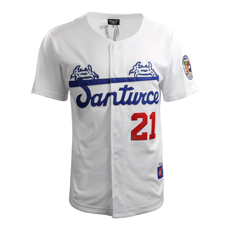 The Roberto Clemente Santurce Cangrejeros Vintage Inspired NL Replica Button-Up Mesh Jersey by EFF is a white mesh jersey featuring blue Santurce script, two crabs above, red number 21, and a colorful left sleeve patch.