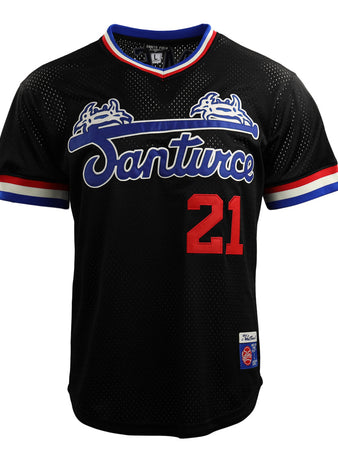 The EFF Roberto Clemente Santurce Cangrejeros Vintage Inspired NL Replica V-Neck Mesh Jersey features black mesh, red/white/blue trim, Santurce script on the chest, and red 21—honoring Clemente’s iconic style.