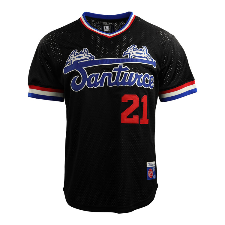 The EFF Roberto Clemente Santurce Cangrejeros Vintage Inspired NL Replica V-Neck Mesh Jersey features black mesh, red/white/blue trim, Santurce script on the chest, and red 21—honoring Clemente’s iconic style.