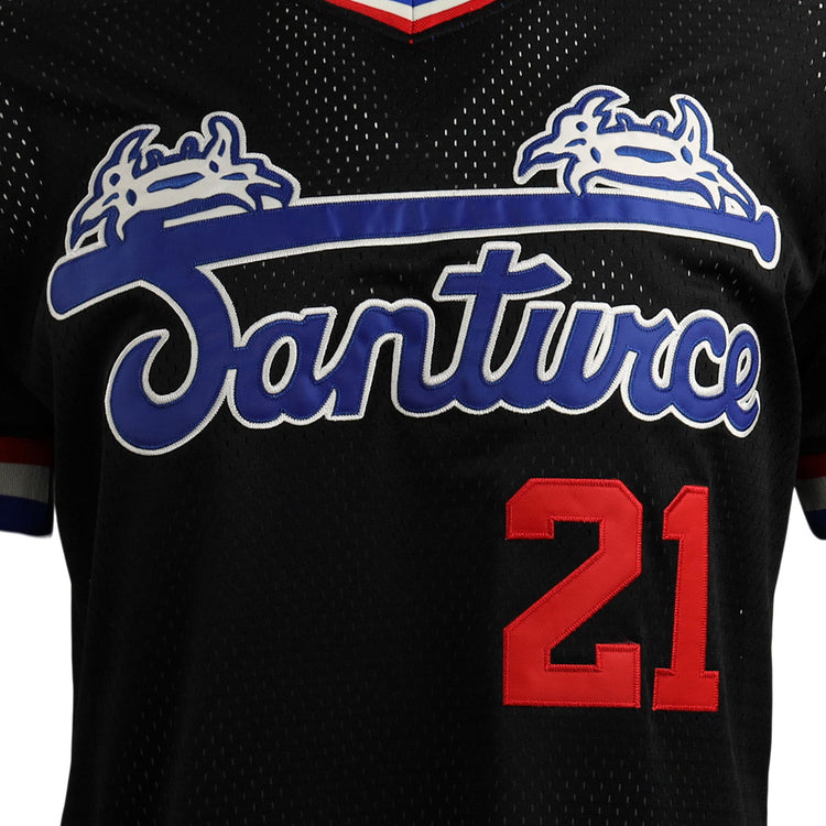 Close-up of the Roberto Clemente Santurce Cangrejeros Vintage Inspired NL Replica V-Neck Mesh Jersey by EFF, with Santurce in blue and white script, two white crab graphics above, and bold red number 21 on the lower right.
