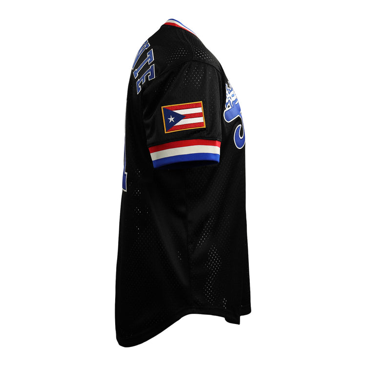 The EFF Roberto Clemente Santurce Cangrejeros Vintage Inspired NL Replica V-Neck Mesh Jersey features black mesh, a Puerto Rican flag patch on the sleeve, and blue and white chest/shoulder designs in classic Ebbets Field Flannels style.