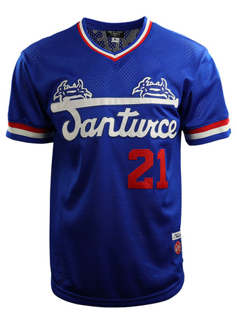 The EFF Roberto Clemente Santurce Cangrejeros Vintage Inspired NL Replica V-Neck Mesh Jersey in royal features white/red trim, Santurce script, two crab graphics, and #21—honoring the legend.