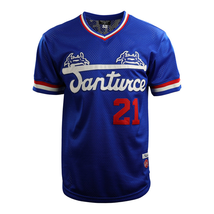 The EFF Roberto Clemente Santurce Cangrejeros Vintage Inspired NL Replica V-Neck Mesh Jersey in royal features white/red trim, Santurce script, two crab graphics, and #21—honoring the legend.