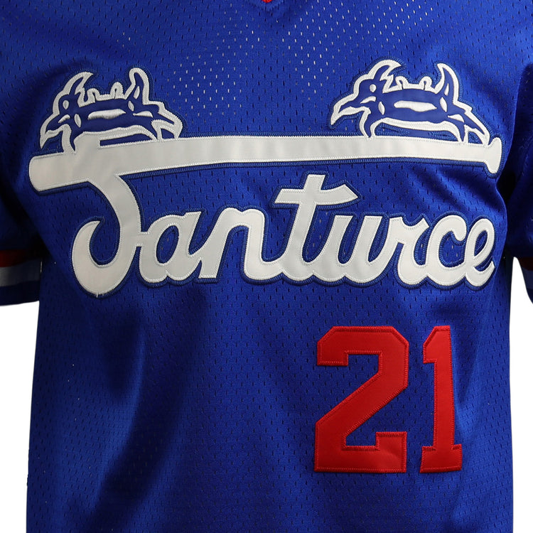 The EFF Roberto Clemente Santurce Cangrejeros Vintage Inspired NL Replica Royal Mesh Jersey features white Santurce script, two white and blue crab graphics, and red number 21 on the lower right honoring the legendary player.