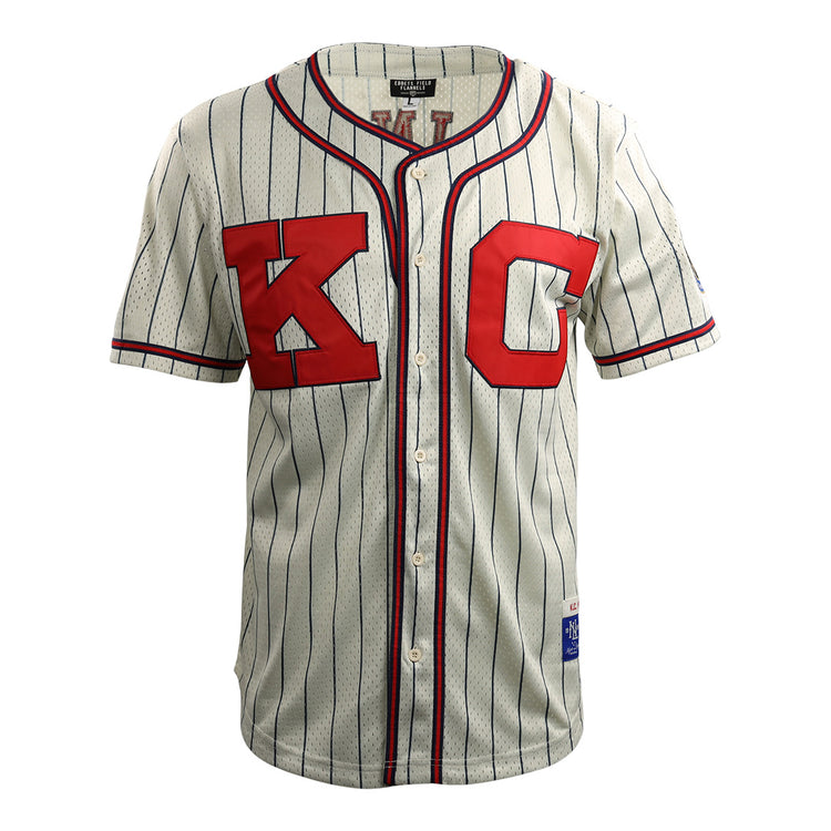 The EFF Jackie Robinson Kansas City Monarchs Vintage Inspired NL Replica Button-Up Mesh Jersey features a white mesh build, short sleeves, thin navy stripes, red trim, and bold red KC lettering—honoring classic Negro National League style.