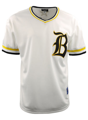 The Beeville Blazers EFF Lone Star Baseball Jersey by EFF features yellow and black striped accents and a bold letter B on the chest, as worn by the Beeville Blazers at Joe Hunter Field.