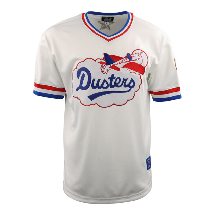 Show your McAllen Dusters pride on the field with the EFF McAllen Dusters EFF Lone Star Baseball Jersey, featuring white fabric, red and blue trim, Dusters in blue script in a cloud, and a red airplane design above the text.