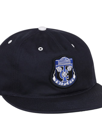 The EFF Binghamton Triplets Cotton Twill Ballcap is a black cap with a blue and white TRIPLE embroidered patch, featuring a wheel and three balls on the front, plus an adjustable leather strap for comfort.