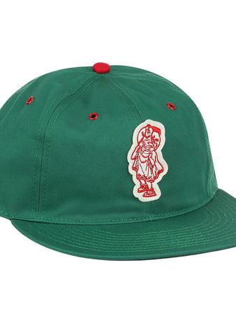 The EFF Hot Springs Bathers Cotton Twill Ballcap features lightweight cotton twill, red stitching and ventilation eyelets, and a white patch with a red embroidered figure on the front left panel.