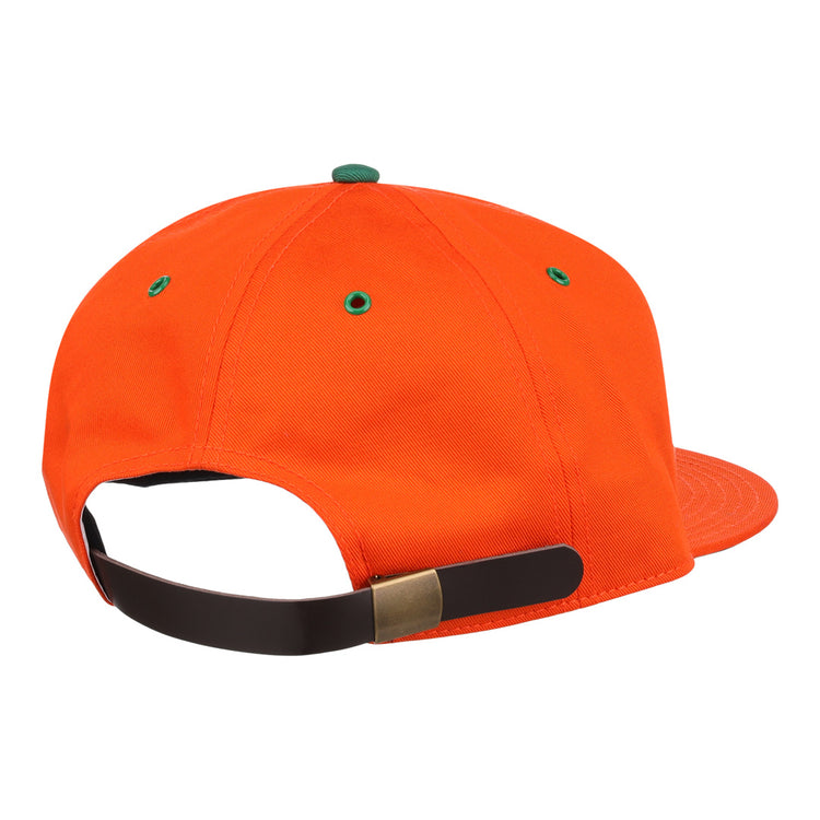 The EFF Miami Beach Flamingos Cotton Twill Ballcap features green eyelets, a black adjustable leather strap with a brass clasp, and a playful flamingos patch, all on orange cotton twill viewed from the back.