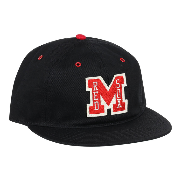 The EFF Memphis Red Sox Cotton Twill Ballcap is a black cap with a red button and eyelets, featuring a bold red M and Red Sox in white—honoring the legendary Negro American League team.