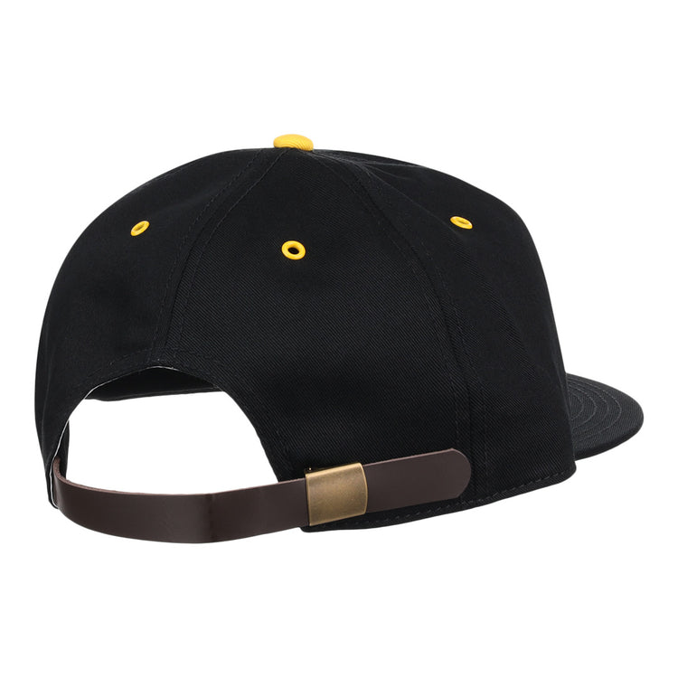 The EFF New Orleans Pelicans Cotton Twill Ballcap in black features yellow eyelets, a brown adjustable strap with gold buckle, and a classic Pelicans patch celebrating the Southern Associations rich baseball legacy.