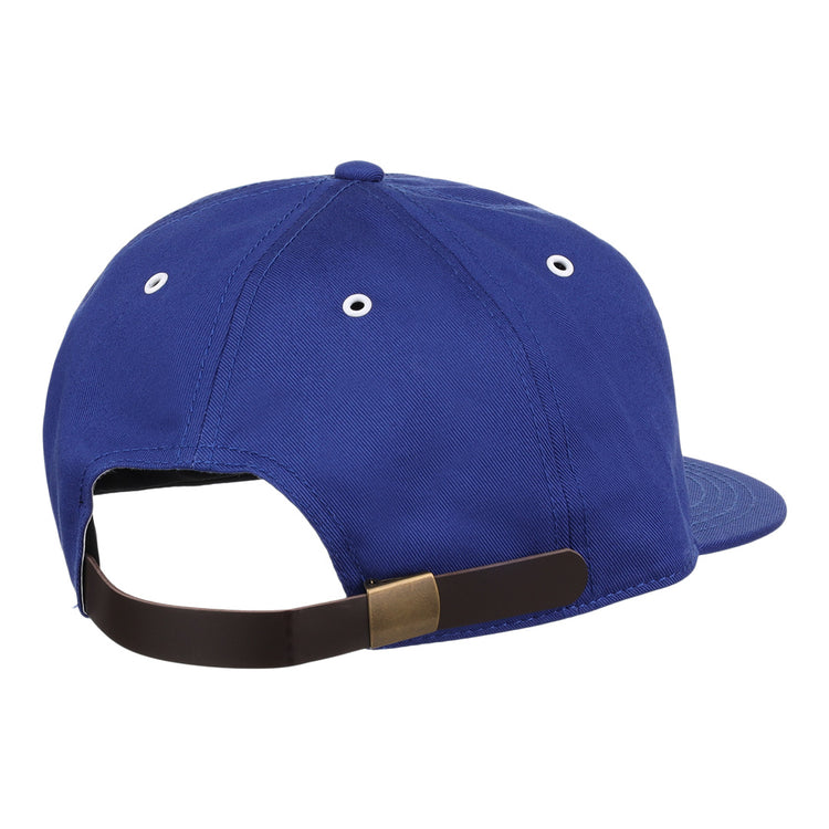 The EFF Trois Rivières Royals Cotton Twill Ballcap in royal blue features white eyelets and an adjustable dark brown strap with a metal clasp—ideal for fans of classic cotton caps or the Trois-Rivières Royals.