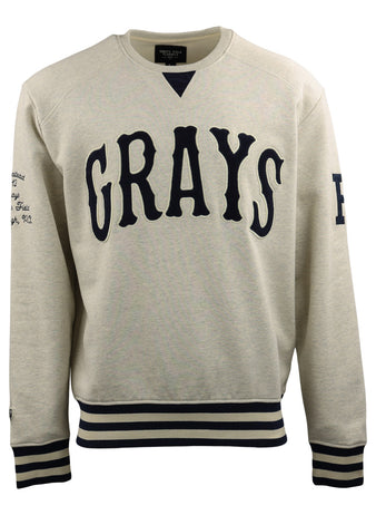 The Homestead Grays EFF NLB Corduroy Crewneck by EFF features beige corduroy, black GRAYS front lettering, striped cuffs and hem, sleeve text, and honors Black Baseball teams like those in the Negro National League.
