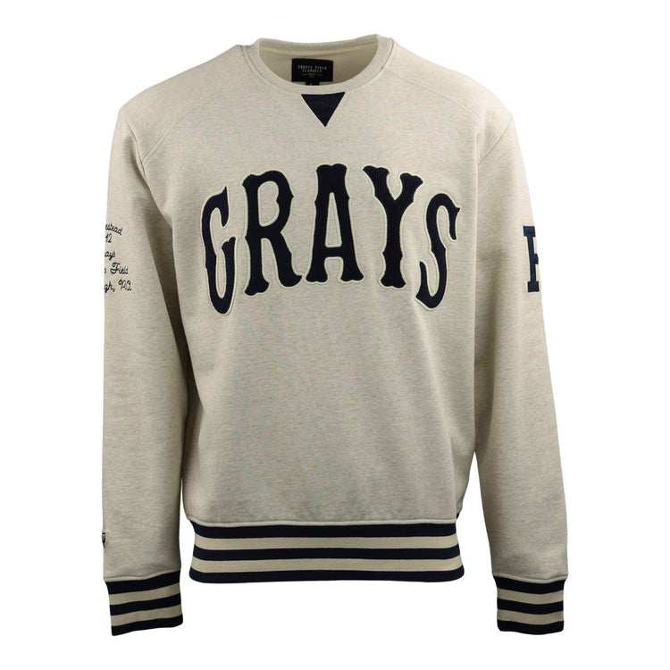The Homestead Grays EFF NLB Corduroy Crewneck by EFF features beige corduroy, black GRAYS front lettering, striped cuffs and hem, sleeve text, and honors Black Baseball teams like those in the Negro National League.