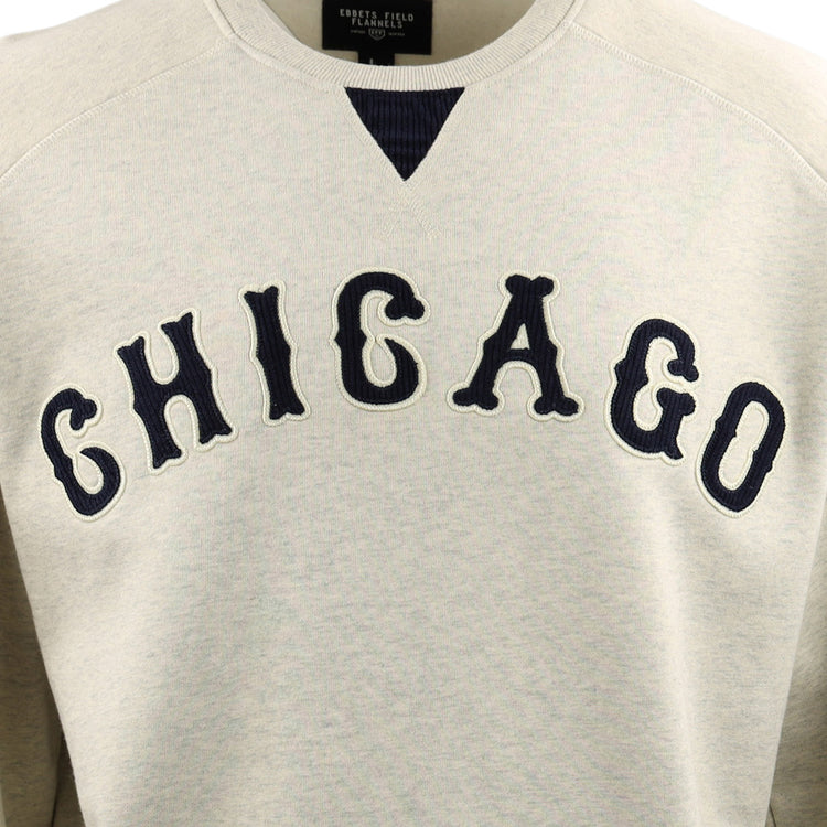 The EFF Chicago American Giants NLB Corduroy Crewneck features light gray fabric with CHICAGO in bold black letters outlined in white—a tribute to classic Black baseball teams.