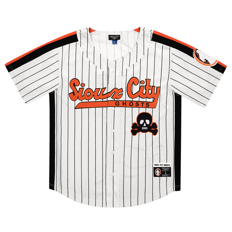 The EFF Sioux City Ghosts Pinstripe Button Down Jersey features white pinstripes, Sioux City Ghosts in orange and black across the chest, a skull and crossbones logo, black side panels, and a left sleeve logo patch.