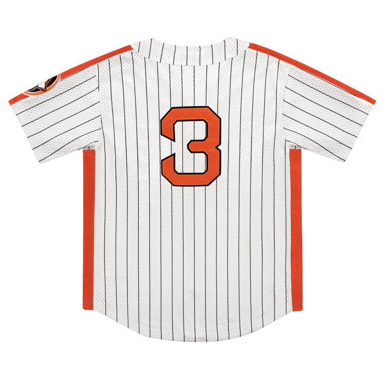Part of the EFF Pinstripe Collection, the Sioux City Ghosts EFF Pinstripe Button Down Jersey features black pinstripes, red-orange side panels, and a bold black-outlined number 3 on the back—honoring the Sioux City Ghosts legacy.